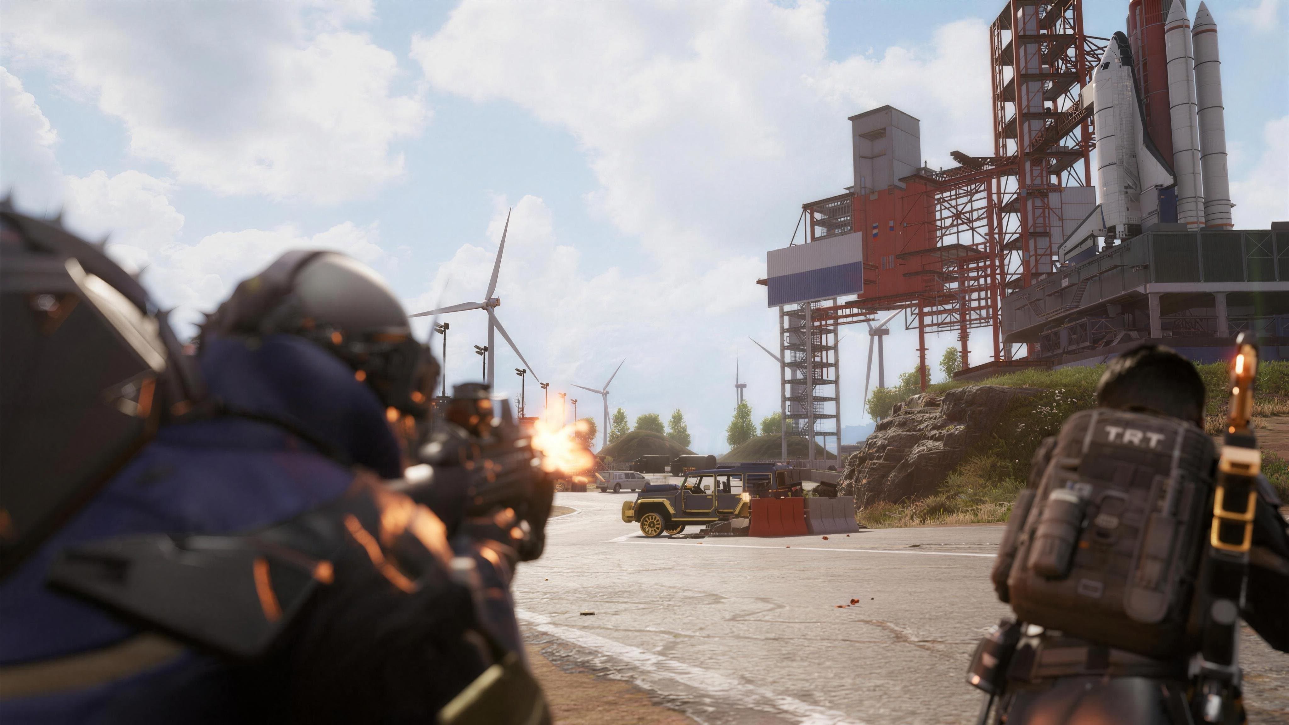 Two players shooting near a rocket launch site