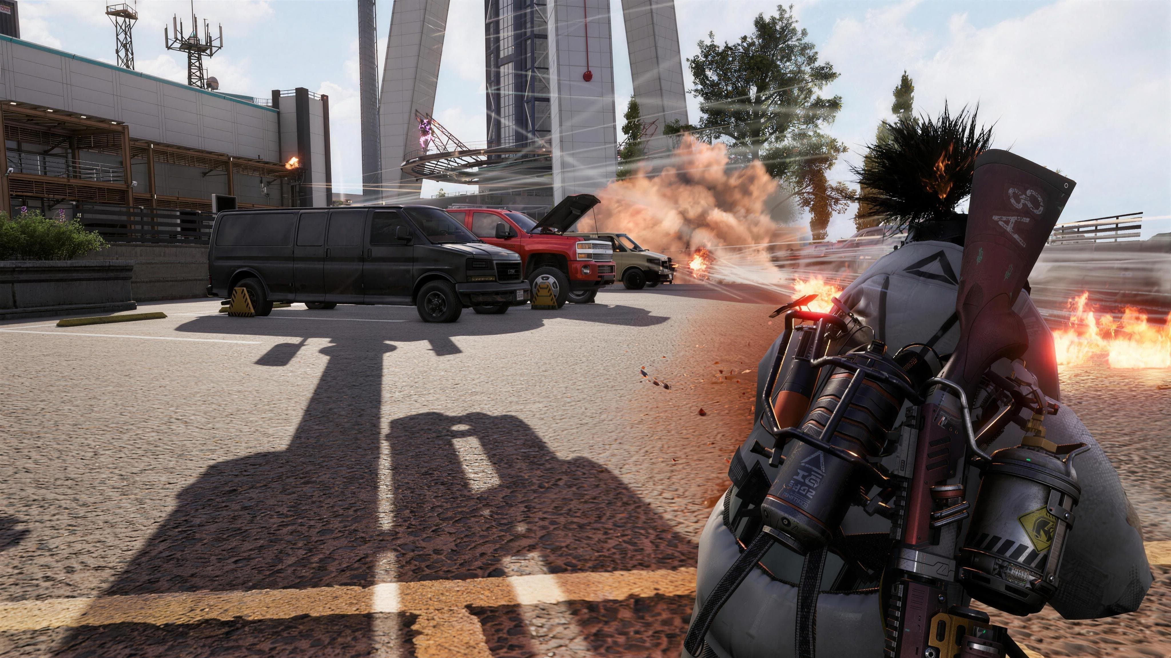 A player with a jetpack in a firefight