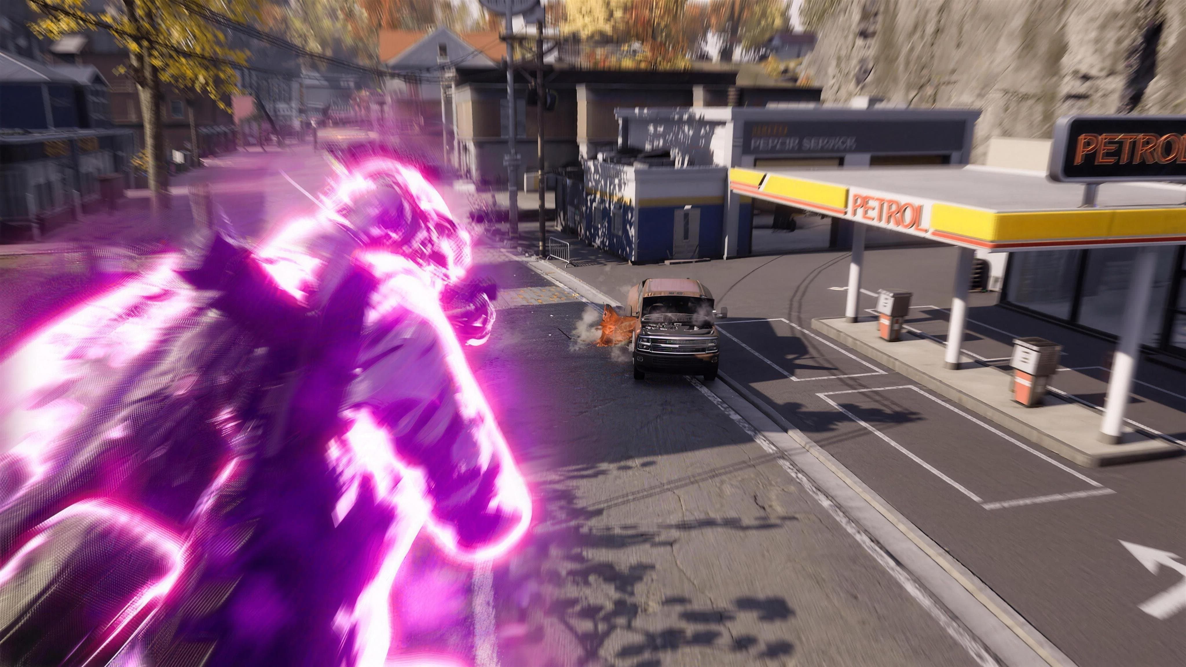 A player charging a glowing purple superpower in a city street