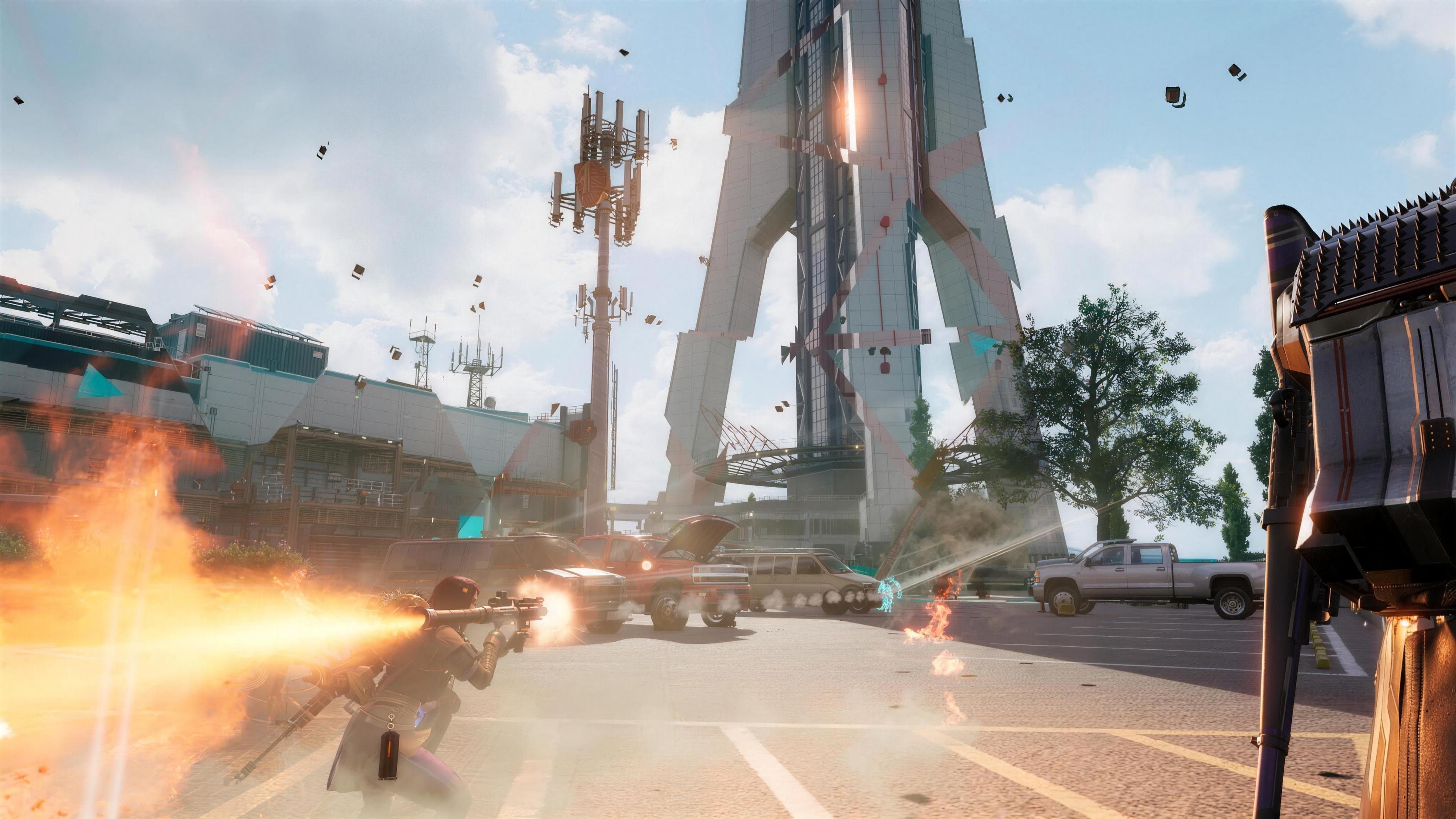 Gunfire near a futuristic tower