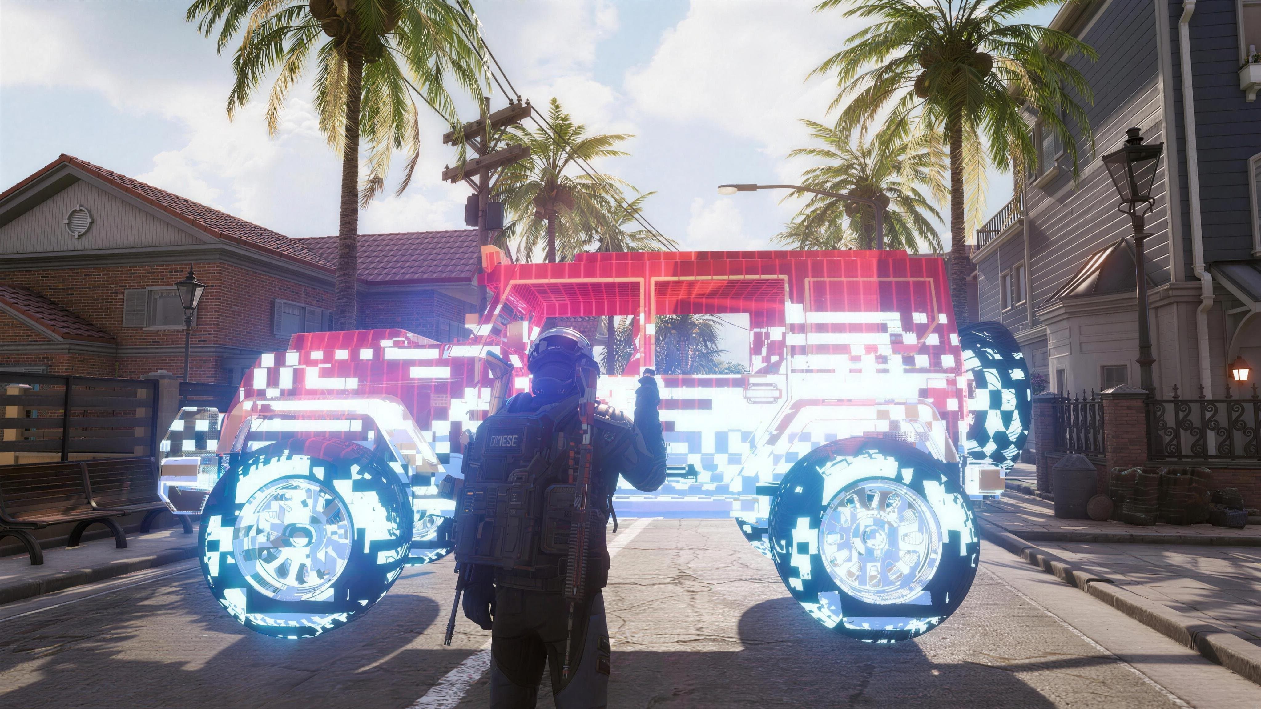 A vehicle materialising in a holographic grid